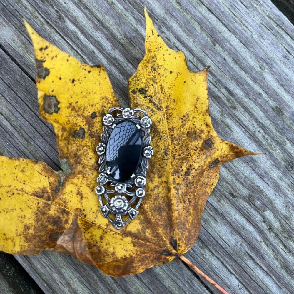 Vintage Antique Sterling Onyx Marcasite Dress Clip Art Deco - Picture 7 of 12